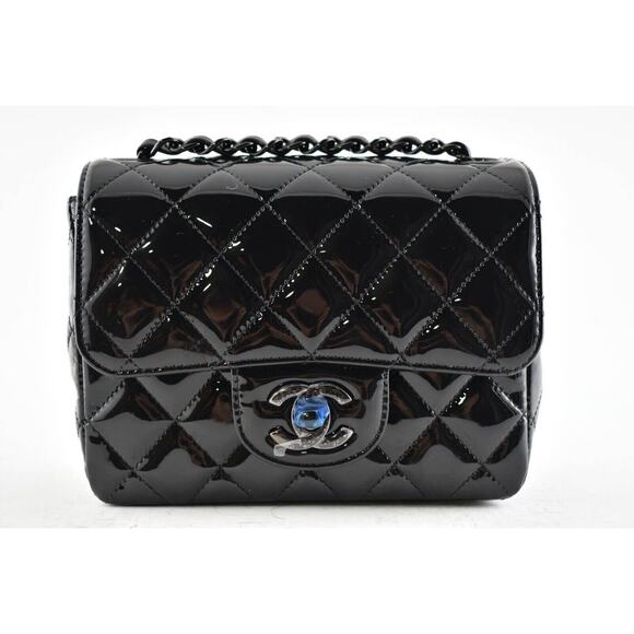Chanel 21B So Black Patent Flap Mini Square CC Logo Quilted Chain Crossbody Bag - Picture 2 of 12